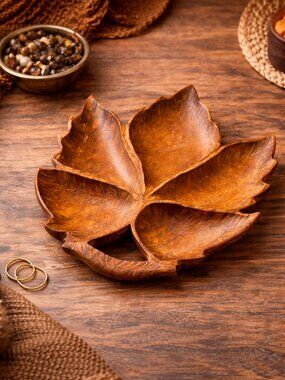 Vintage Hand-Carved Wooden Leaf Dish – Handmade in India